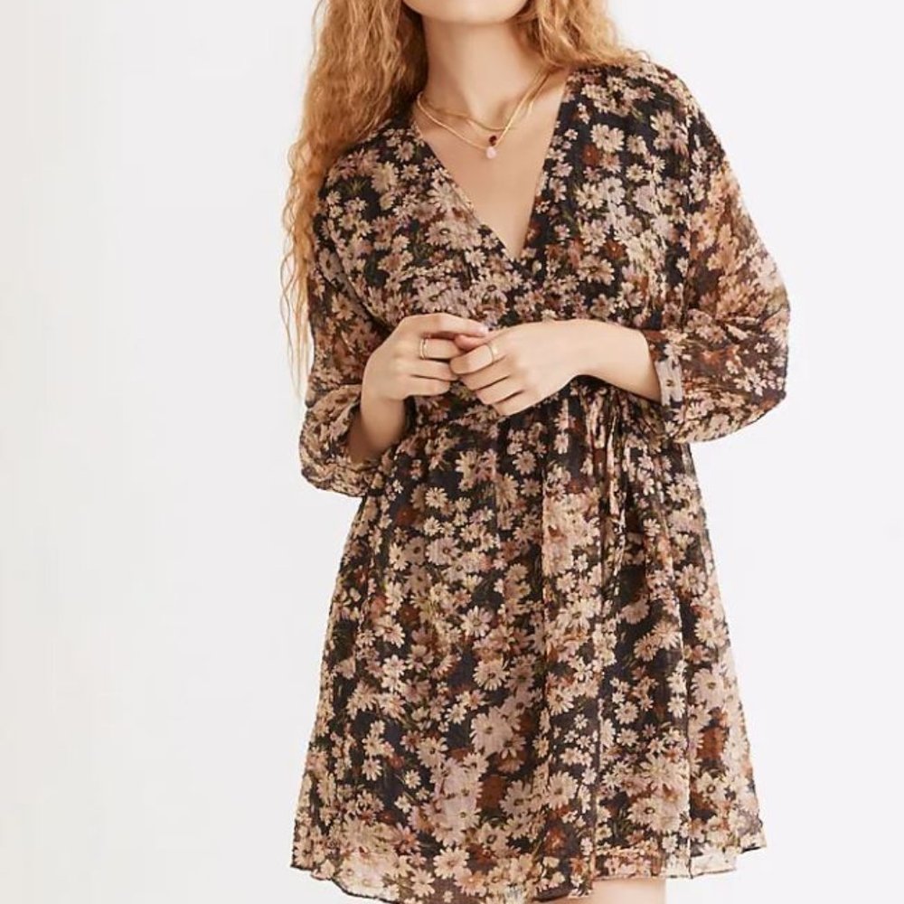 MADEWELL Drawstring Faux-Wrap Mini Dress in Daisy Reverie